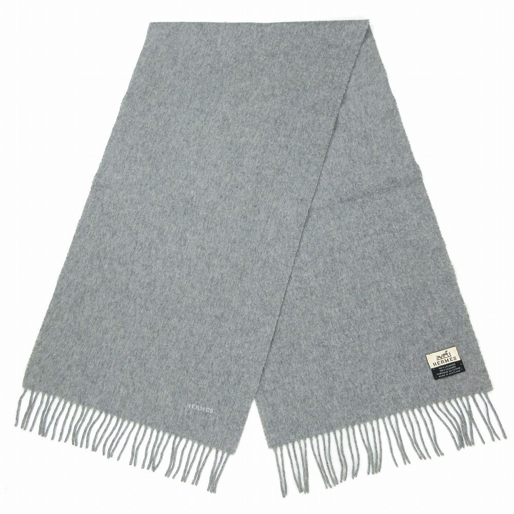 HERMES カシミヤ100 マフラー グレー良品 HERMES エルメス ロゴ刺しゅう カシミヤ100% マフラー グレー
