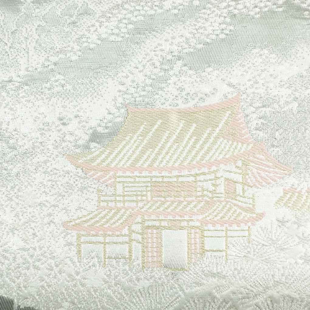 名古屋帯 幅30cm 長さ360cm レディース 風景画 秋冬春用 正絹 シルク シルバー リメイク リユース リサイクル 呉服のきくや