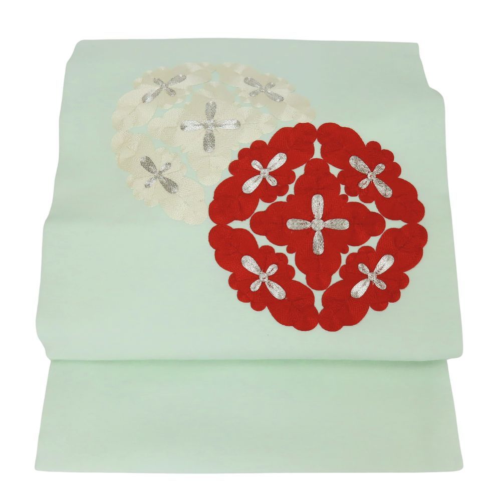 名古屋帯 塩瀬 九寸 正絹 金銀糸除く 銀糸 ライトグリーン ホワイト レッド シルバー 名古屋仕立て お太鼓柄 刺繍 和装 呉服 和服 きもの レディース 女性