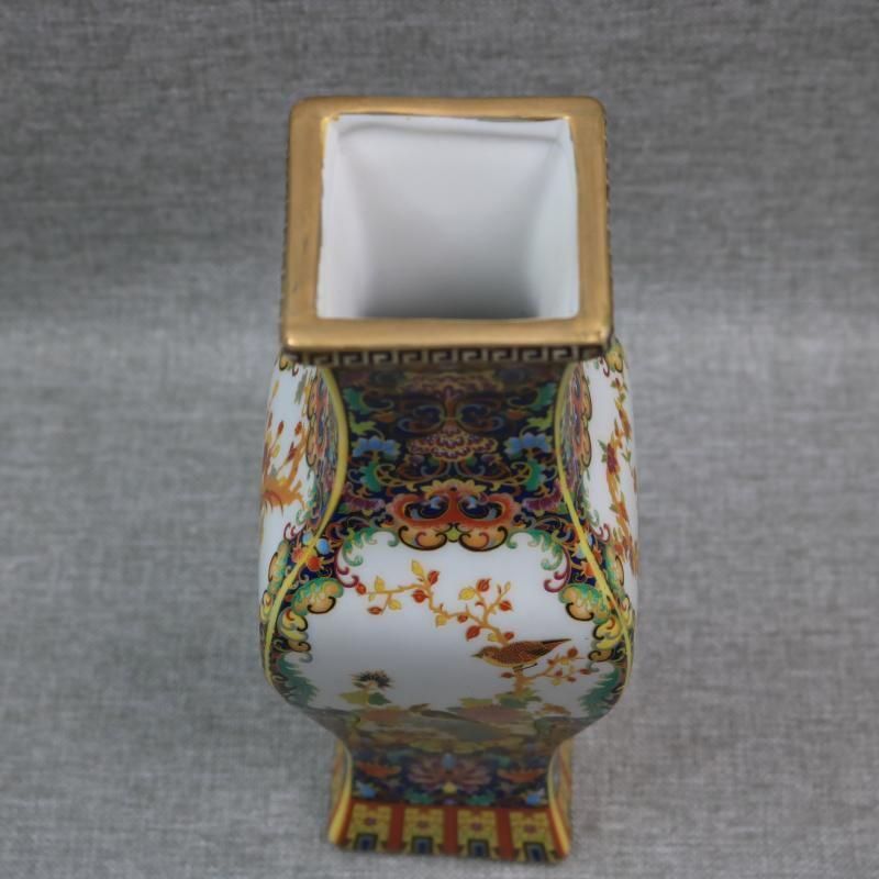 琺瑯彩花鳥六方賞瓶  装飾品 現代工芸品美術品 置物 琺瑯彩蒔絵花鳥四方瓶 挿花器 景徳鎮 陶磁器 装飾品 現代工芸品