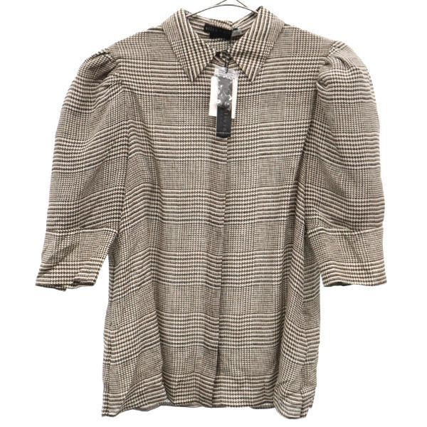 未使用 アリス アンド オリビア シルク 千鳥格子柄 半袖 ブラウス S ホワイト×ブラウン akuce+olivia レディース 未使用 アリス アンド オリビア 千鳥格子柄 シルク100％ 半袖