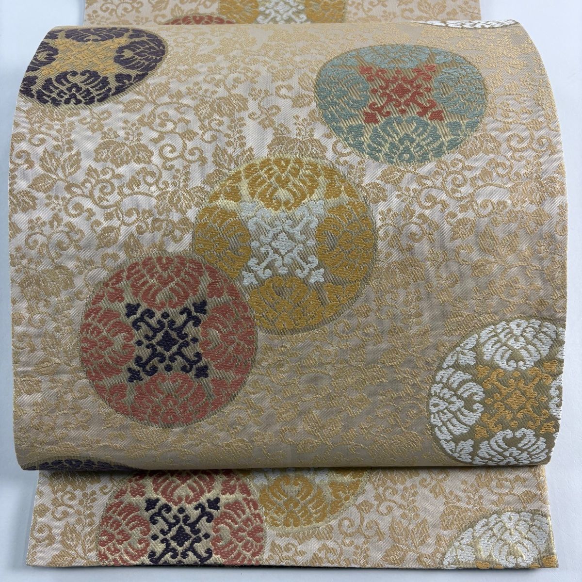 袋名古屋帯 秀品 浮線綾文 桐唐草 箔 ベージュ 正絹