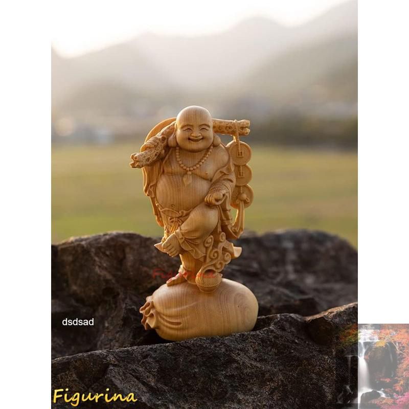 仏像 木彫り 布袋様の置物 高級天然ツゲ木彫り 金運 お守り(Size:高さ