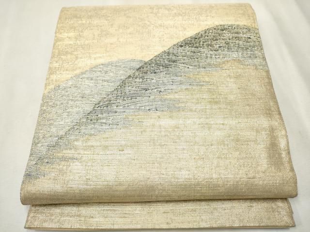 平和屋着物○西陣 老舗 渡文謹製 手織 太鼓柄袋帯 紬地 遠山文 銀糸  