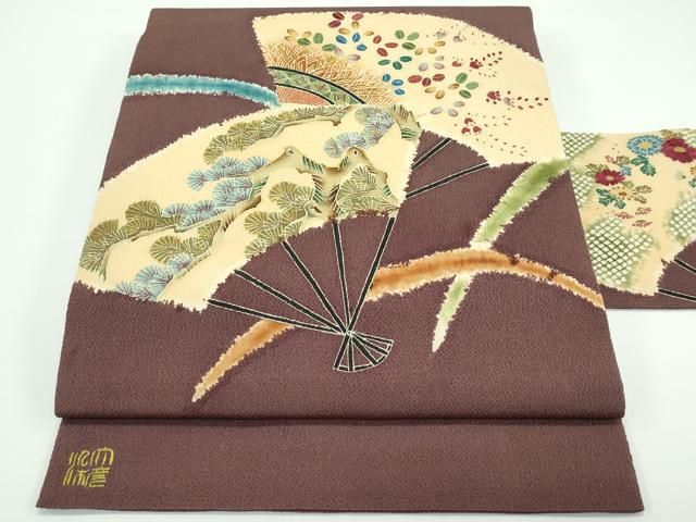 平和屋着物■極上　創業130年　江戸染繍友禅　大彦　九寸名古屋帯　刺繍　扇面草花文　鬼しぼ縮緬　金糸　銀煤竹色地　逸品　CZAA3894s5 平和屋着物□極上 創業130年 江戸染繍友禅 大彦 九寸名古屋帯 刺繍