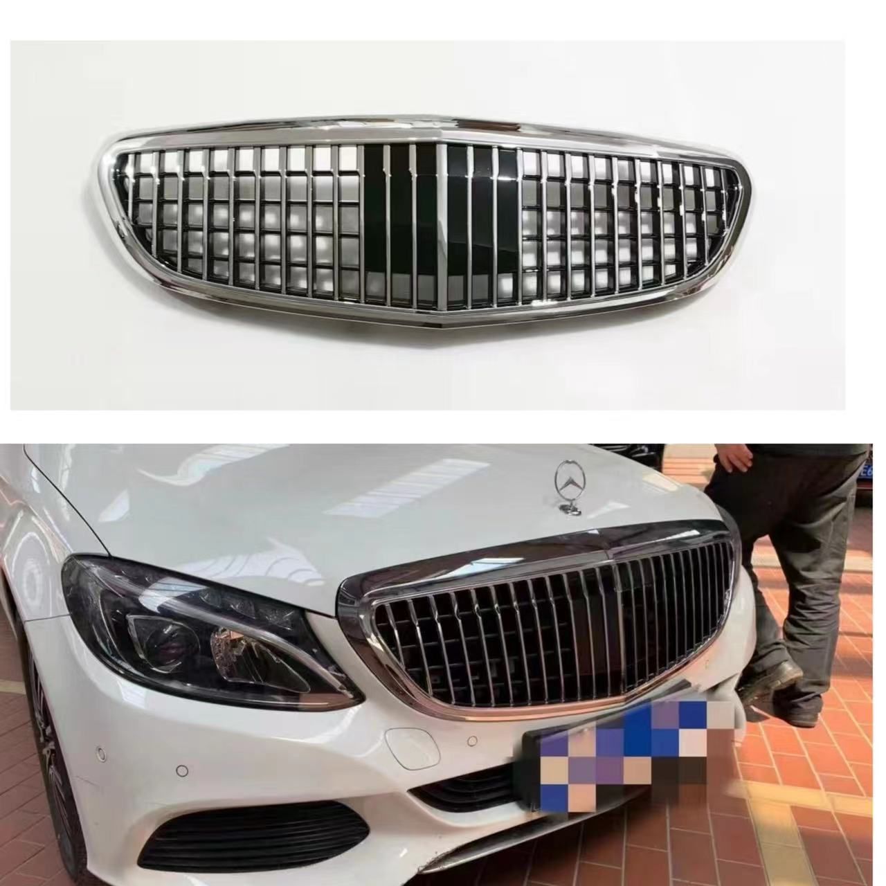 W205 Cクラス用 フロントグリル 立体エンブレム車対応｜2015〜2021年対応 マイバッハ風 中網 メルセデスベンツ Cクラス改装 ABS製 黒メッキ