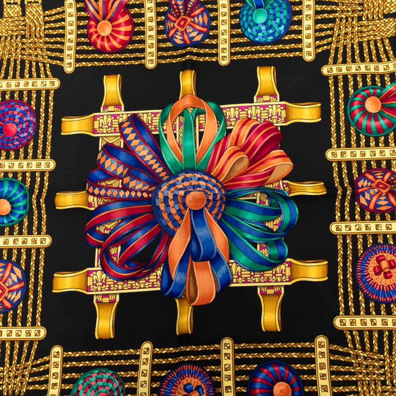 エルメス カレ90 LES RUBANS DU CHEVAL 馬のリボン飾り ブラック ゴールド マルチカラー シルク レディース HERMES 1-0229932