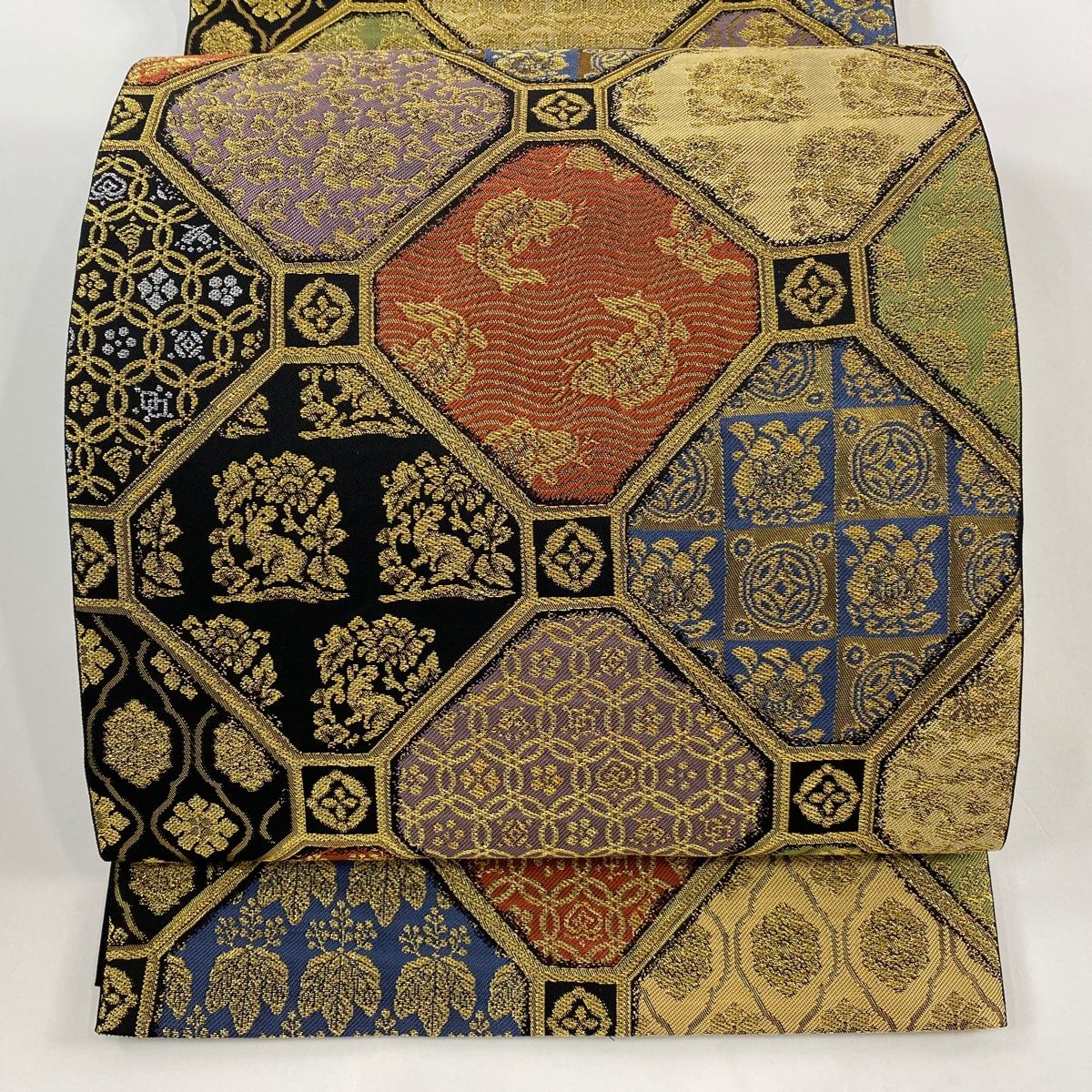袋帯 秀品 蜀江唐草文 荒磯 金銀糸 箔 黒 全通 正絹