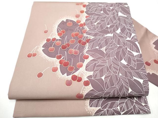 平和屋着物●東京手描友禅 真渕貴昭 塩瀬 九寸名古屋帯 さくらんぼ 桜 舞葉文 金彩 正絹 CAAY2460hy