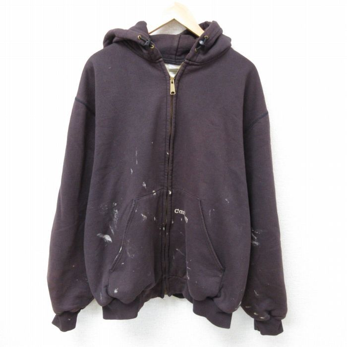 XL/古着 カーハート Carhartt 長袖 フルジップ スウェット パーカー メンズ ワンポイントロゴ 大きいサイズ こげ茶 ブラウン 内側サーマル 