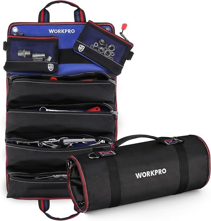 【在庫処分】WORKPRO ツールバッグ ツールロールバッグ 工具いれ 工具ケース 工具袋 道具袋 高耐久 6つ収納ポケット カラビナ ストッパー付 多目的ツールケース 車載 家庭 大工収納