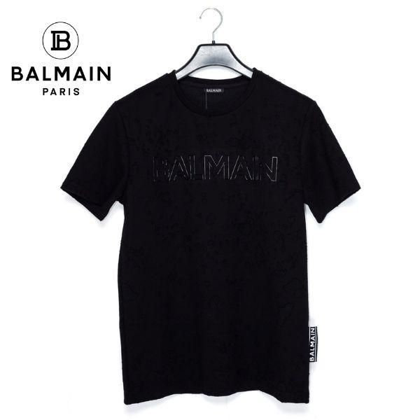 BALMAIN バルマン メンズ Tシャツ ブラック 黒 BA13026 半袖 ダメージ加工 ブランド ロゴ オシャレ プレゼント 誕生日 父の日  クリスマス バレンタイン パンク