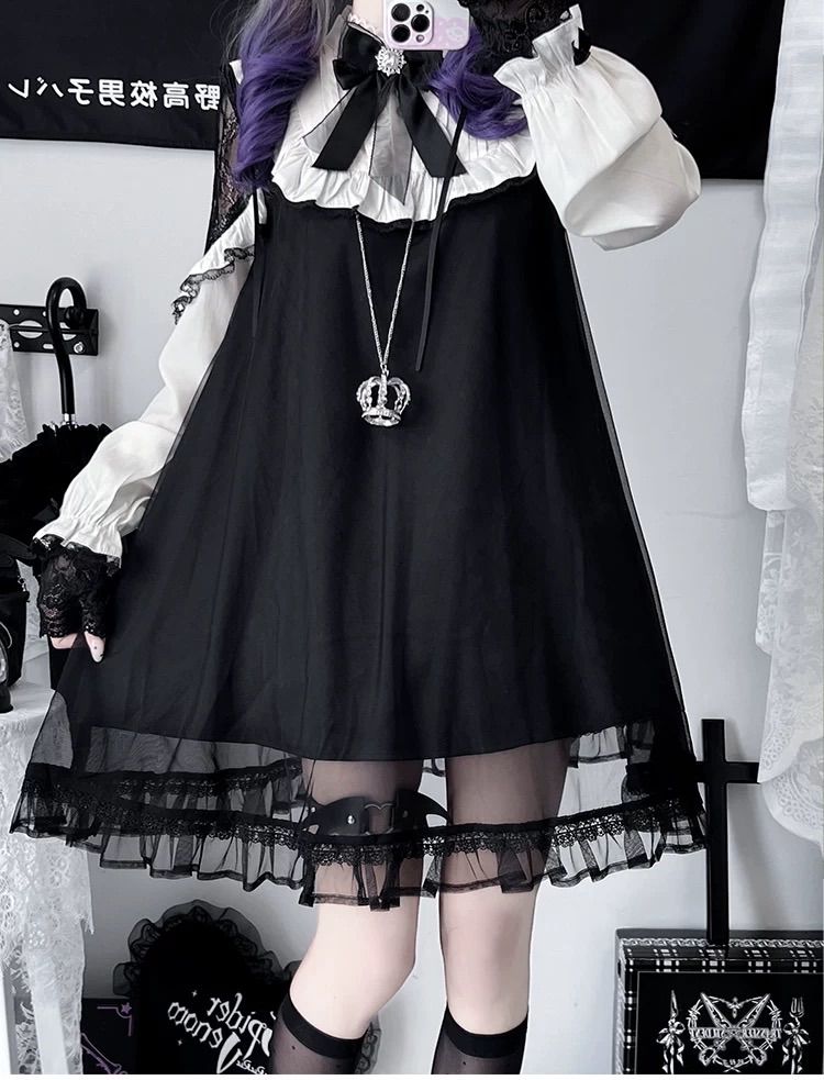 ロングワンピース 黒 フリル襟 レース×シフォン 地雷系 ロリータ フォーマルM ロリィタ ロリータ ゴスロリ ワンピース レース スカート