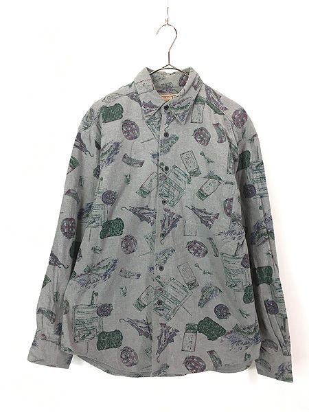古着 90s USA製 WoolRich 魚 ルアー フィッシング アウトドア 総柄 フランネル シャツ ネルシャツ M② 