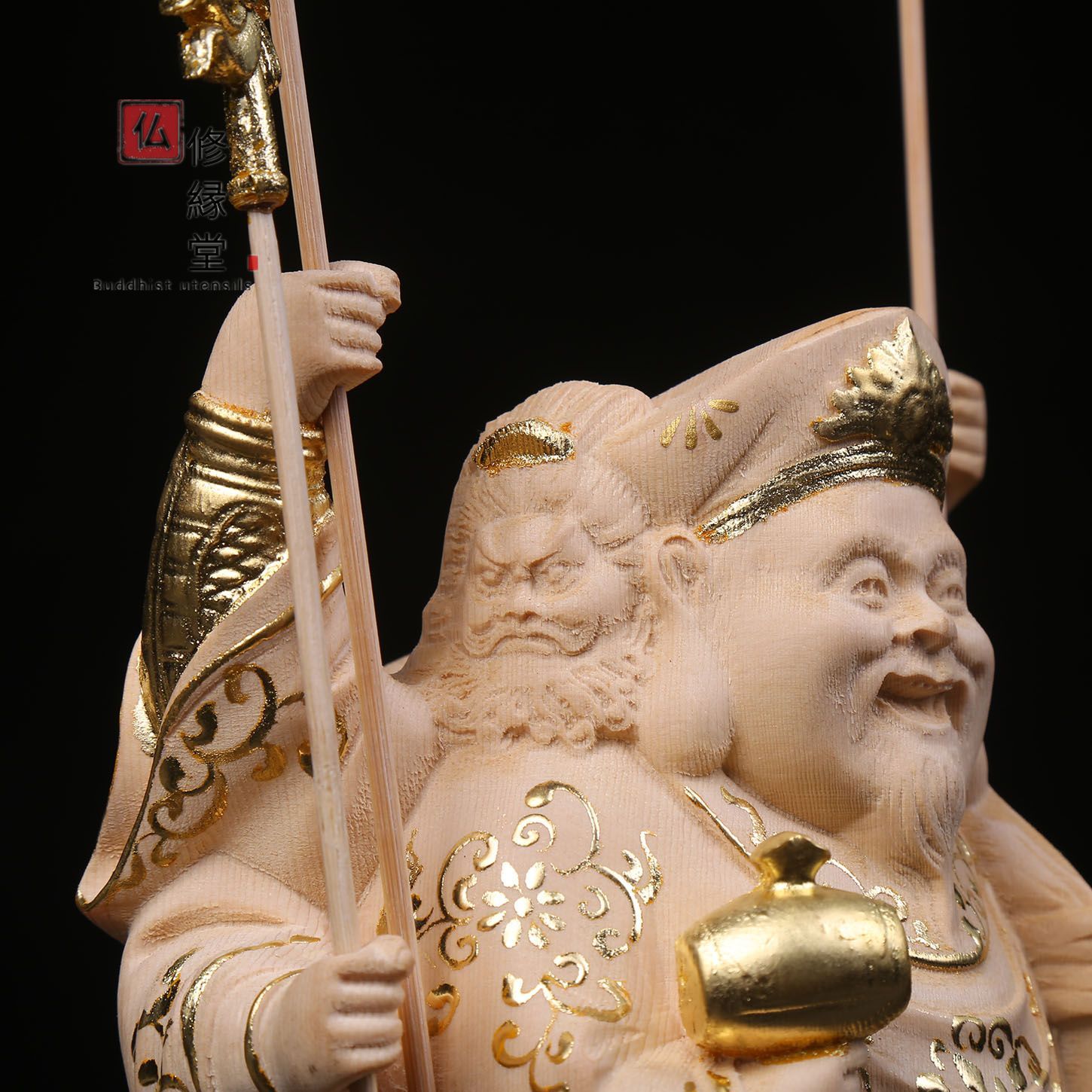 修縁堂】木彫り 仏像 福神三面大黒天立像 財神 檜材 仏教工芸 彫刻 