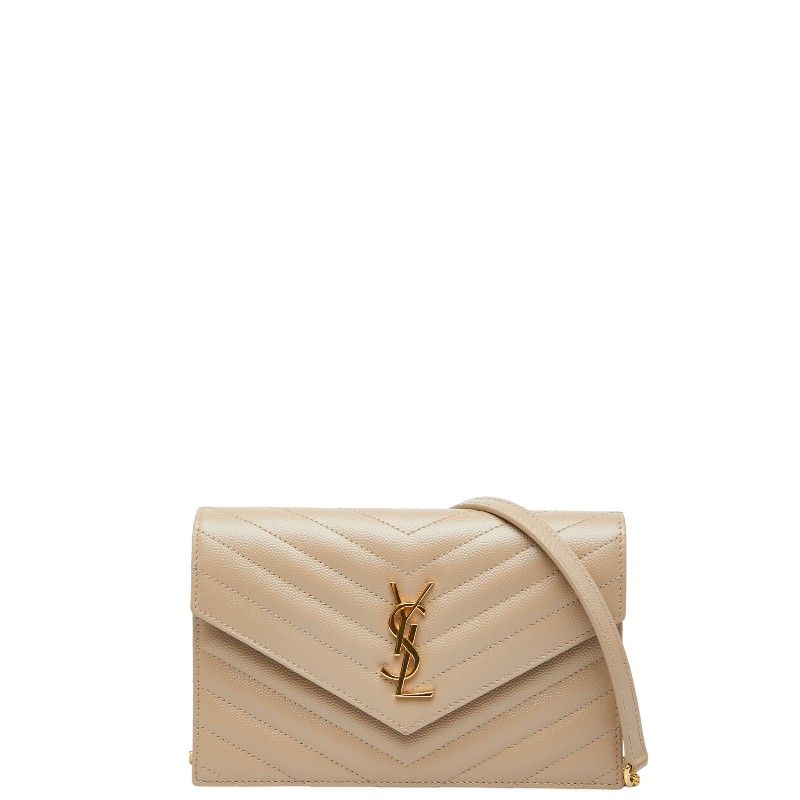 サンローラン カサンドラ エンベロープ 斜め掛け チェーン ウォレット 742920 ベージュ レザー レディース SAINT LAURENT 222-35603