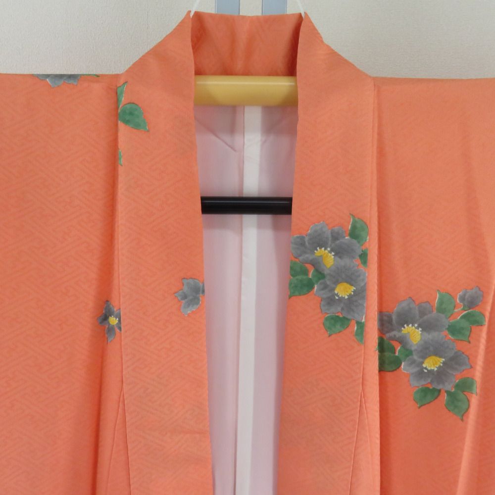 子供着物 オレンジ色ｘ緑色 バチ衿 花模様 女児用 絹 身丈151cm 【キモノオフ野々市若松店】 子供着物 オレンジ色x緑色 バチ衿 花模様 女児用 絹 身丈151cm - メルカリ