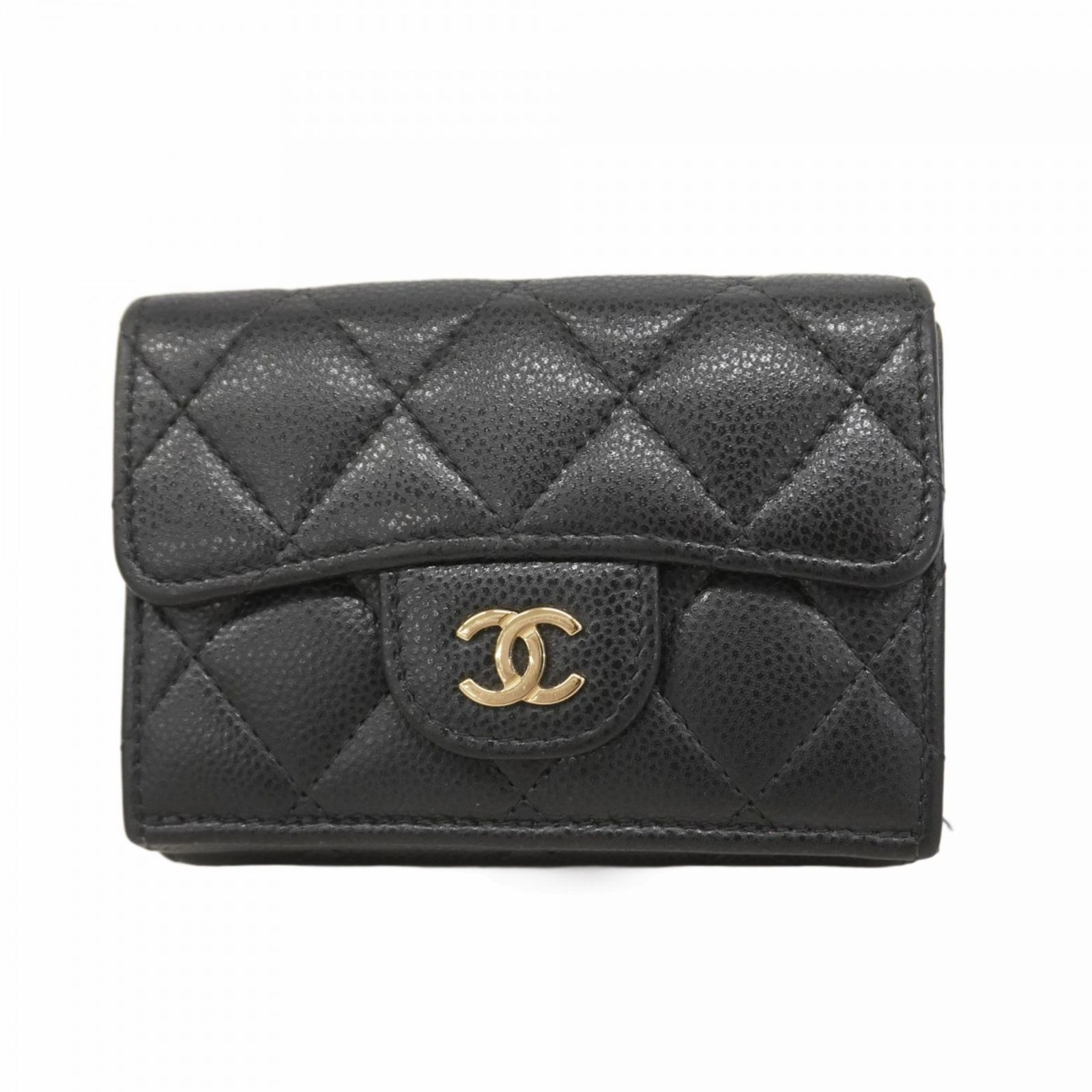 シャネル Chanel シャネル 三つ折り財布 マトラッセ キャビアスキン ブラック シャンパンレディース