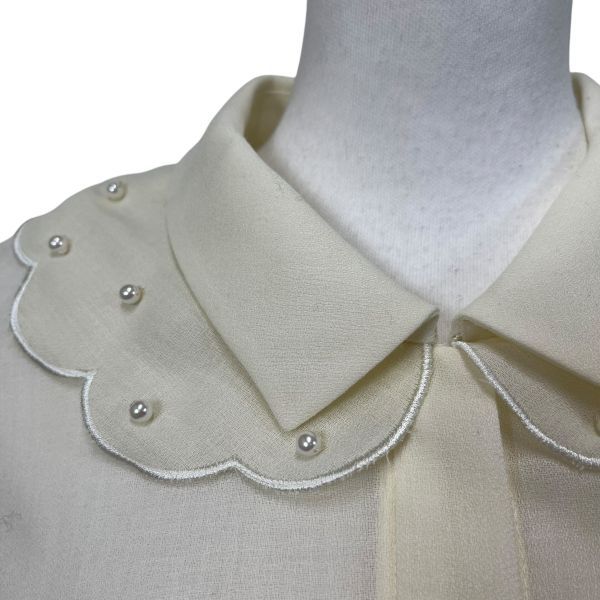 ◆ ルネ Rene シャツ ブラウス 長袖 パール 透け感 襟 白 毛 34 XS 5号 レディース S5V446