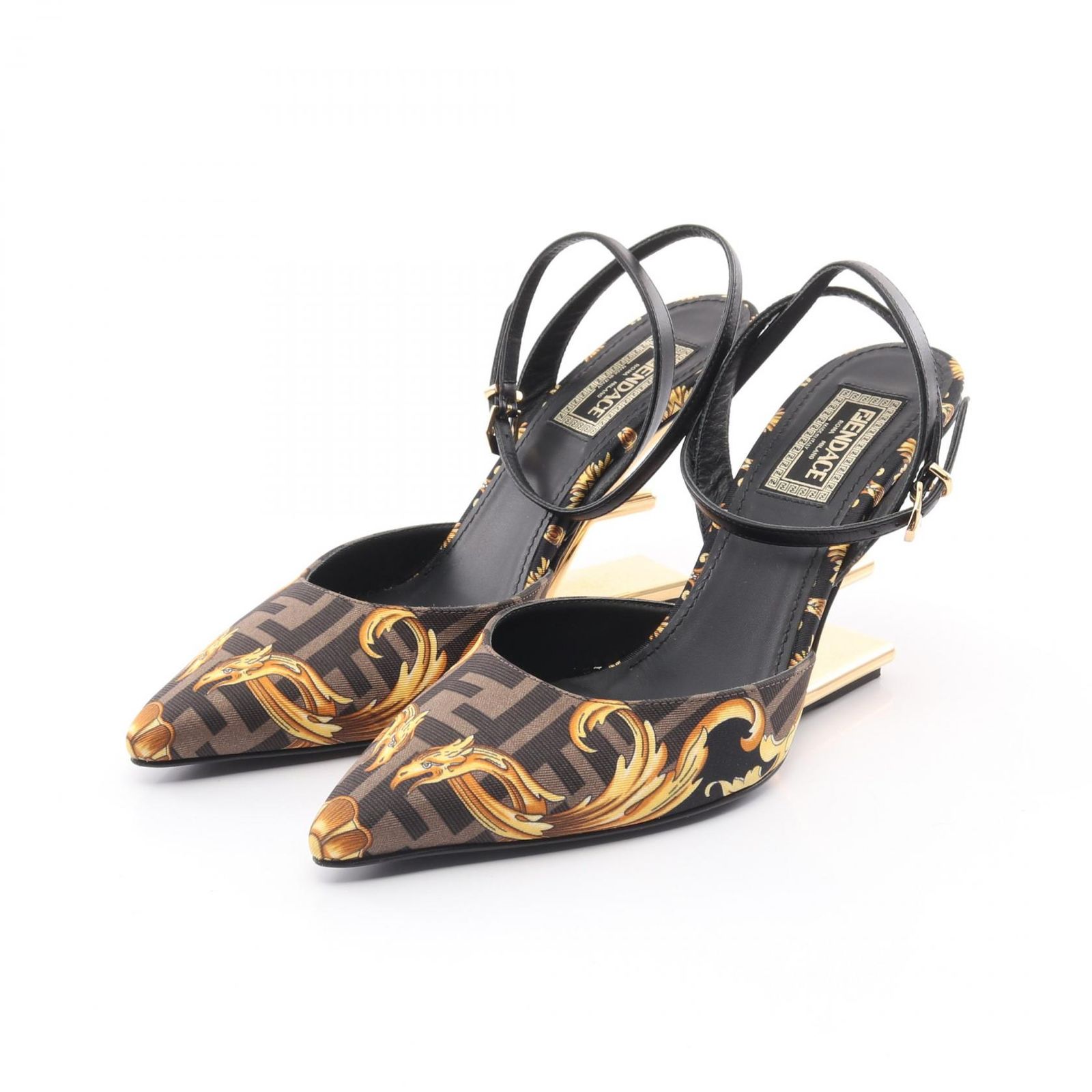 フェンディ FENDI サンダル FENDI × VERSACE FENDACE FF柄 ハイヒールスリングバック 8J8304 ダークブラウン シルク レザー ハイヒール レディース Used A