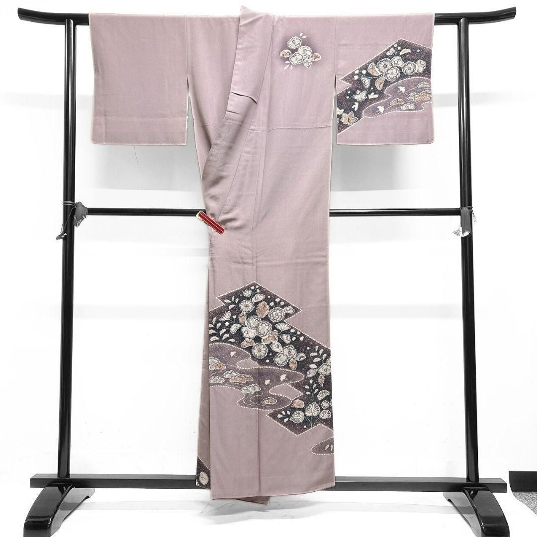 付け下げ　絞り　菱取り　辻ヶ花　くすみピンク　着物　075a p 付け下げ 絞り 菱取り 辻ヶ花 くすみピンク 着物 075a p