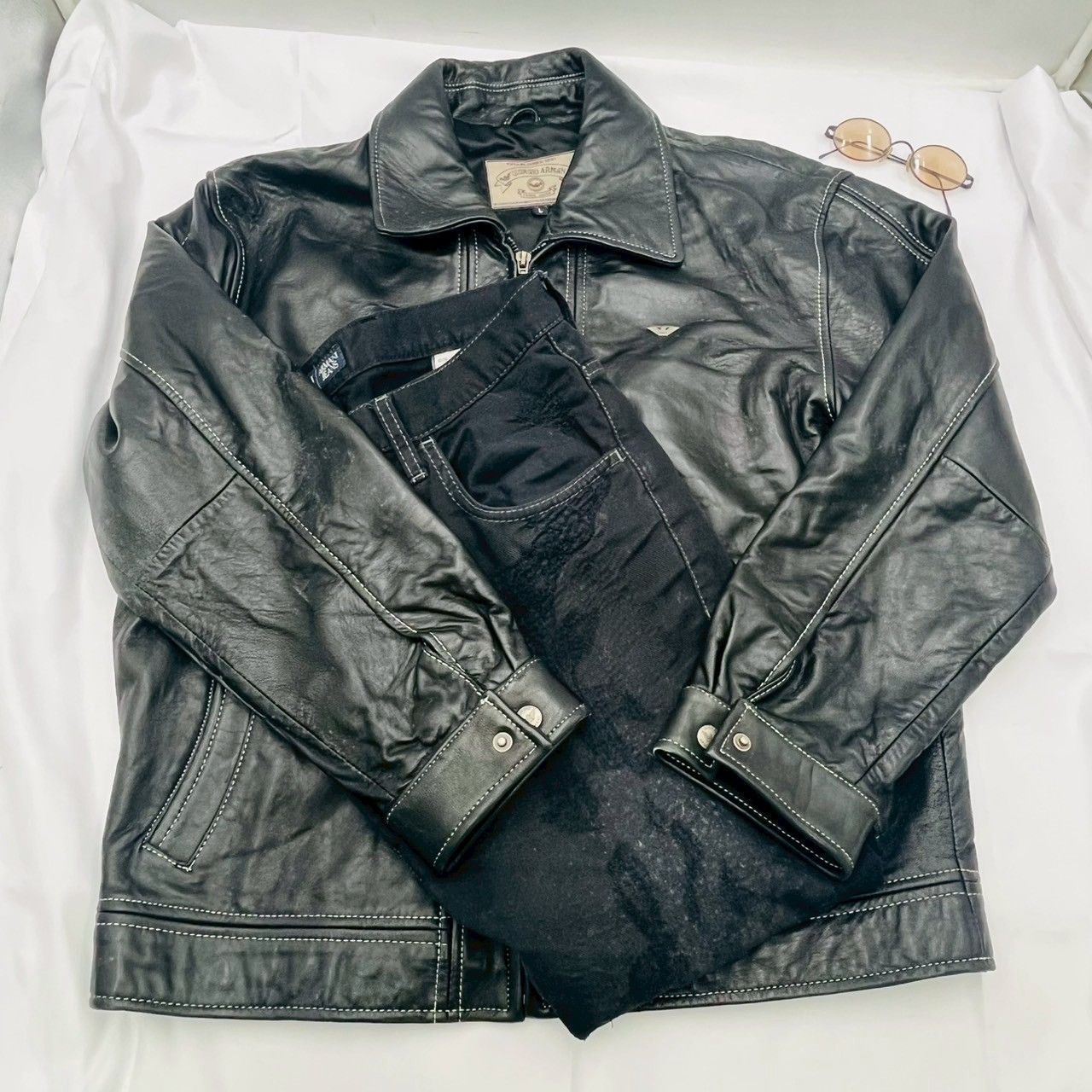 アルマーニ 3点セット メンズレザージャケット×デニム×メガネ EMPORIO ARMANI など