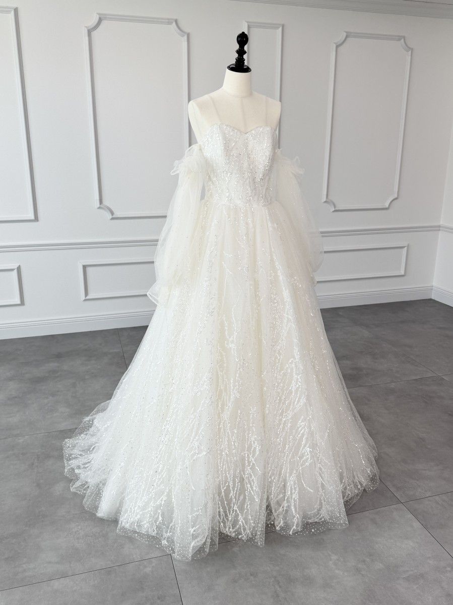 ヴュ パリ Vieux Paris Aライン ウェディングドレス ホワイト 白 ファーストオーナー ベアトップ ラメ グリッター