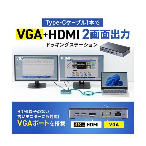 サンワサプライ USB Type-Cドッキングステーション HDMI VGA 2画面出力対応 ブラック USB-CVDK19