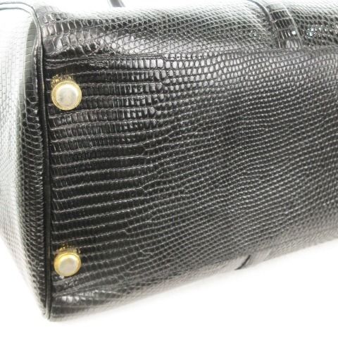 ハマノ HAMANO ボストンバッグ リザードレザー 革 ゴールド金具 黒  