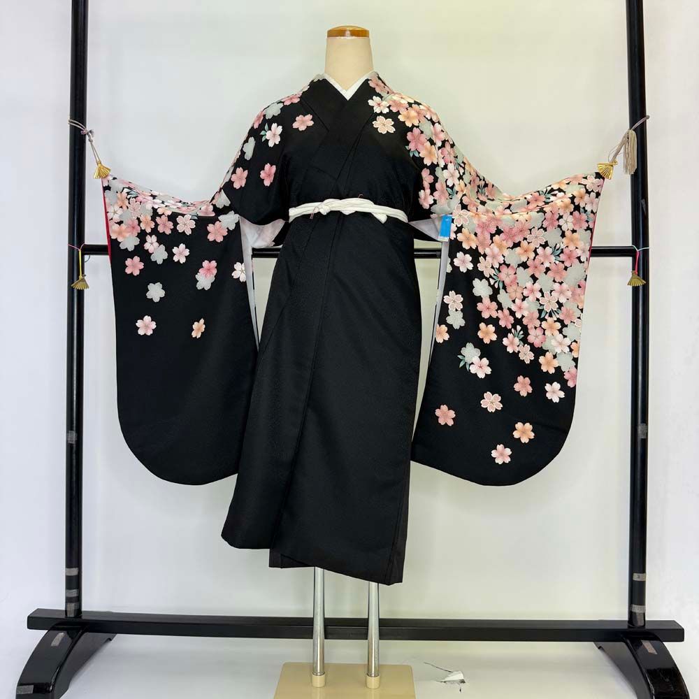二尺袖 単品 卒業式着物 黒 裄68cm 幅広 大きい Lサイズ 袴用着物 化繊 4676