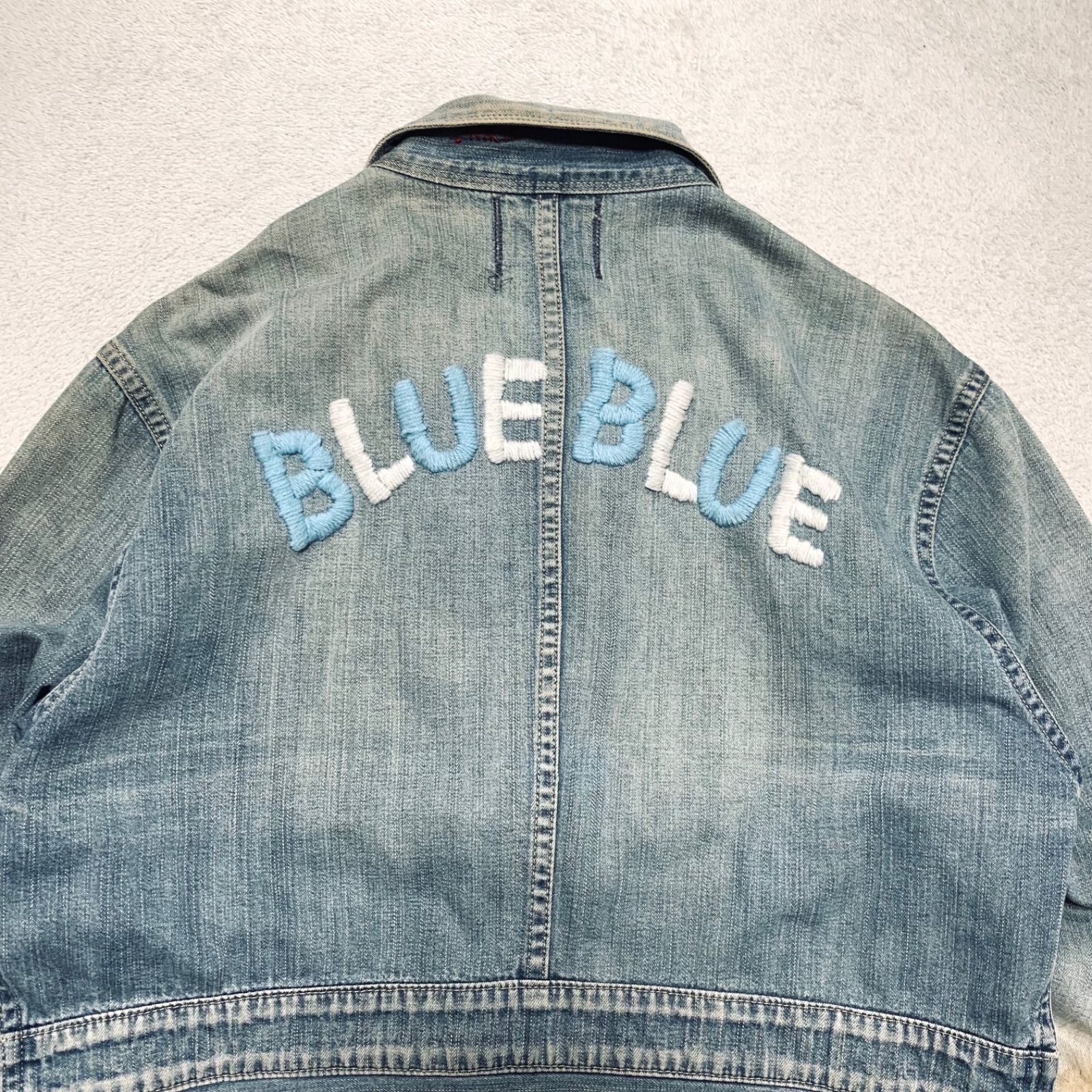 BLUE BLUE デニムジャケット ワークジャケット ドリズラージャケット ハリントンジャケット スイングトップ ヴィンテージ加工 ダメージ加工 フェード リペア ロゴ刺繍 サイズ2 インディゴブルー アイスブルー 青系 ブルーブルー KANDAIZUMI_COM