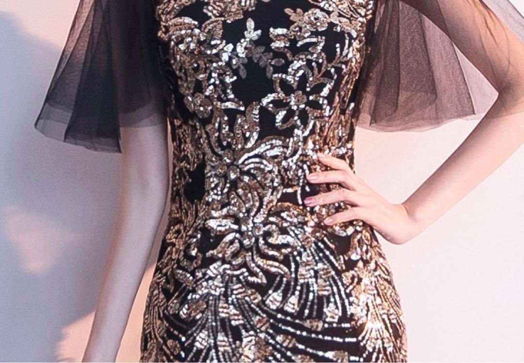 スパンコールの花柄がゴージャスな半袖イブニングドレス?.?