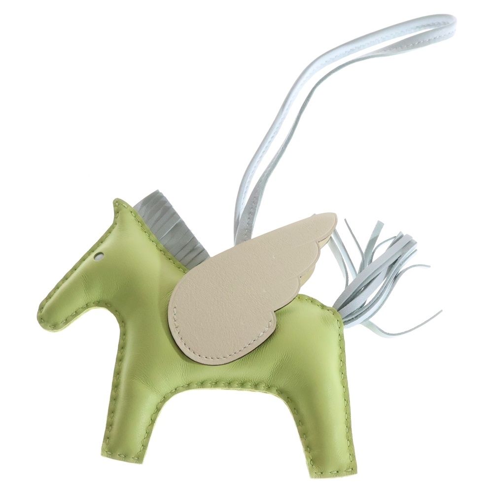 HERMES エルメス ロデオペガサスMM ジョーヌブルジョン×ナタ×ブルーブリュム アニューミロ バッグチャーム ストラップ ライトグリーン×クリーム U刻印