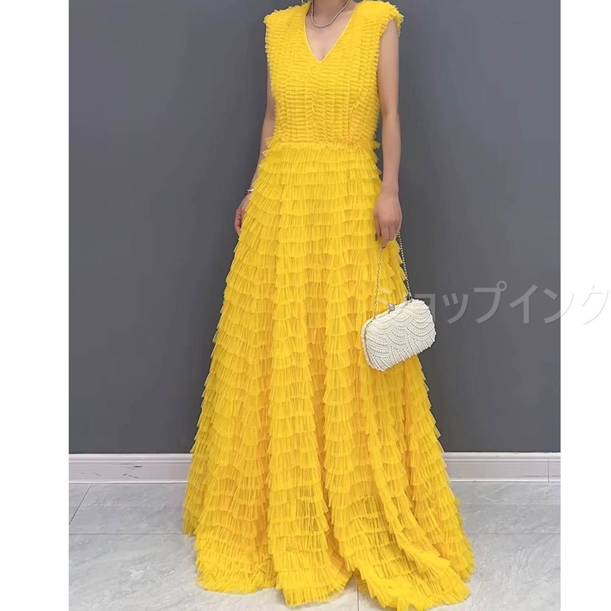 パーティードレス 結婚式 ワンピース ドレス マキシワンピース 大きめ ロング丈 ロング フォーマルドレス 大きいサイズ ノースリーブ Vネック エレガント イエロー パープル 1288