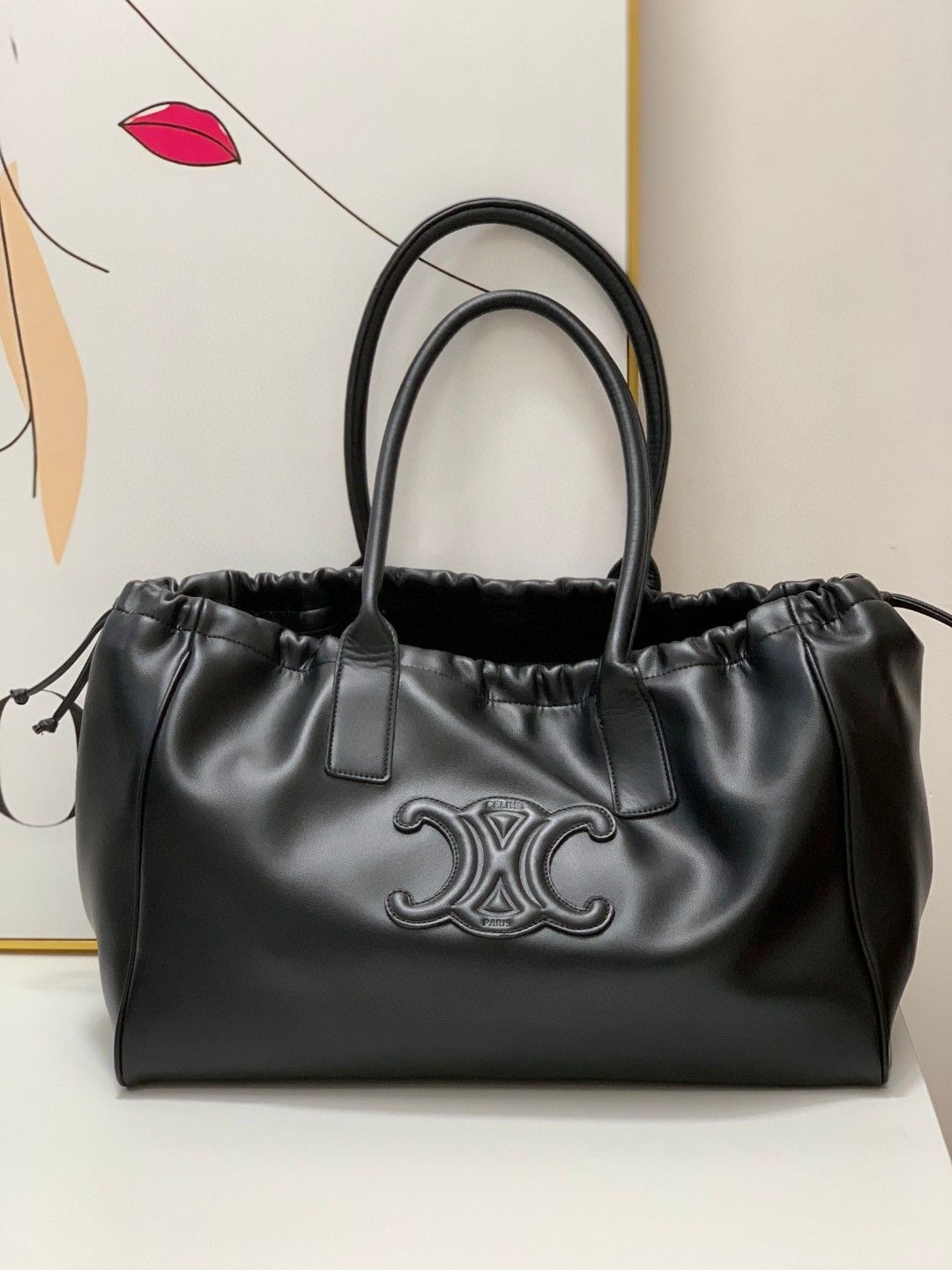 CELINE◆カバ ドローストリング キュイル バッグ (L) ブラック トートバッグ