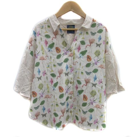 ScoLar スカラー レディース トップス 半袖シャツ 柄シャツ 総柄 スキッパーデザイン ゆったりシルエット 首元すっきり キノコ メルヘン UFO ラビル 152696 ScoLar スカラー レディース トップス 半袖シャツ 柄シャツ 総柄