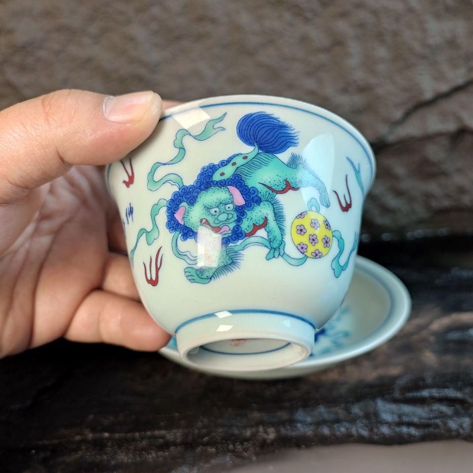 【在庫僅少】 中国茶器 闘彩獅子三才蓋碗 茶器 茶道具 煎茶器 新品未使用 工芸品