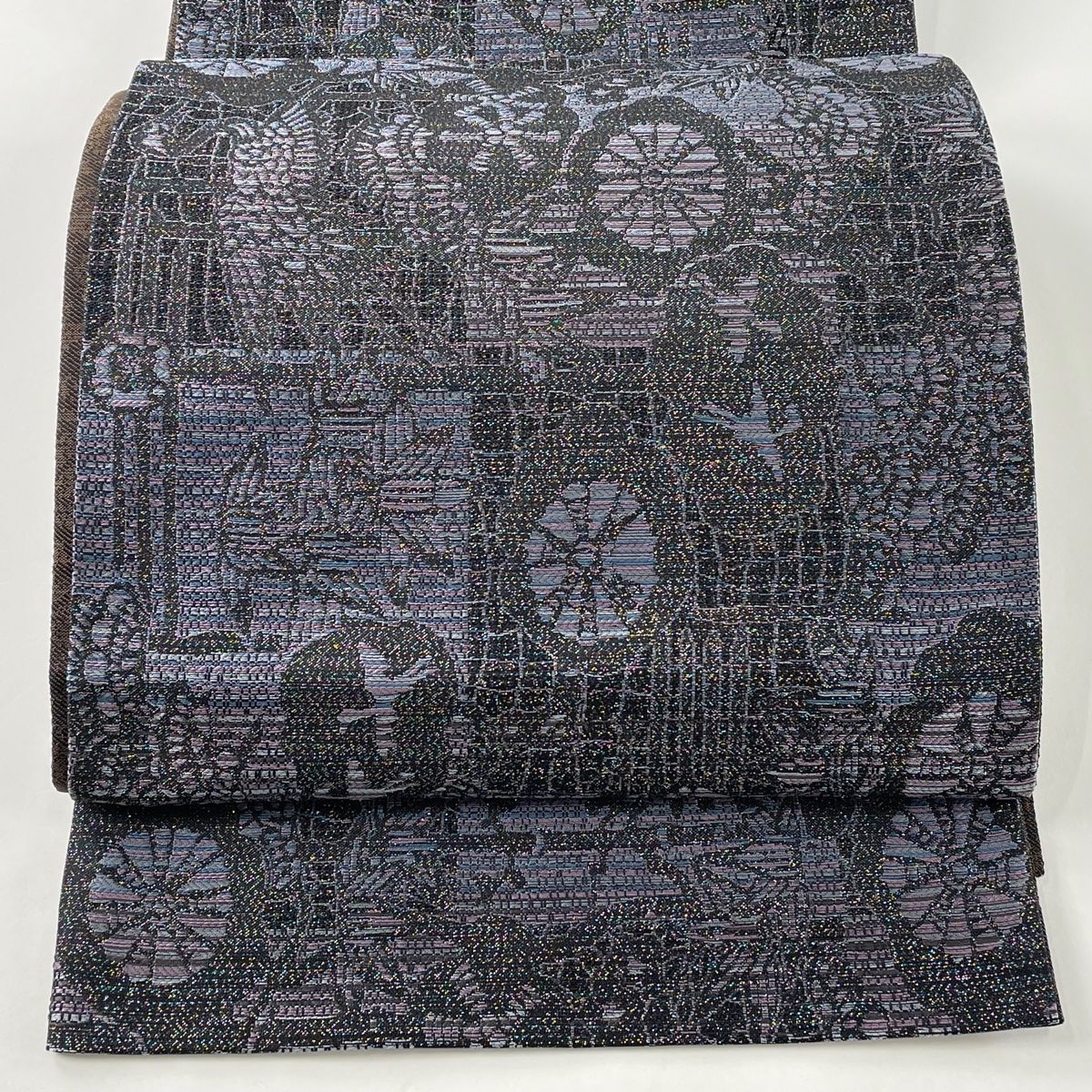 袋帯 秀品 古代金絲 鶴亀 松竹梅 箔 灰紫 全通 正絹