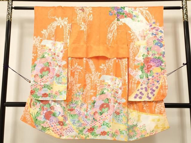 404ag47■七五三 七歳 女児 着物＆袋帯＆長襦袢 折り鶴■状態良好 七五三 着物 7歳 ブランド 四つ身着物セット Shikibu Roman 式部