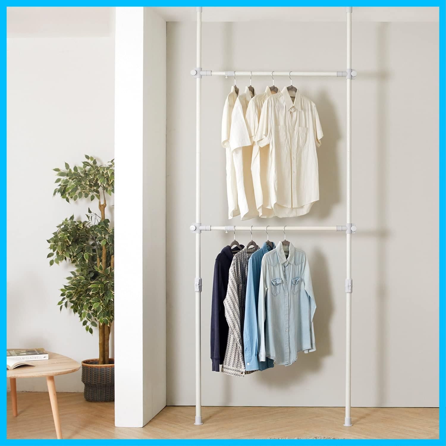 【特価商品】ハンガーラック 突っ張り ポールハンガーラック 衣類収納 壁面収納 つっぱり 省スペース 組立て簡単 高110-310cm，幅75-120cm 耐荷重60kg (ホワイト)