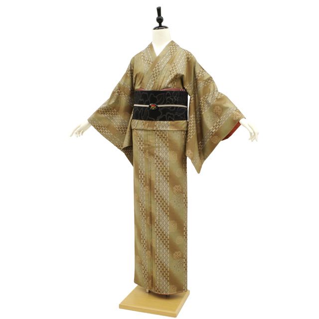 【凛々】６Ｊ　中古品レトロ正絹本場大島紬の着物茶泥地空き華文1円スタート