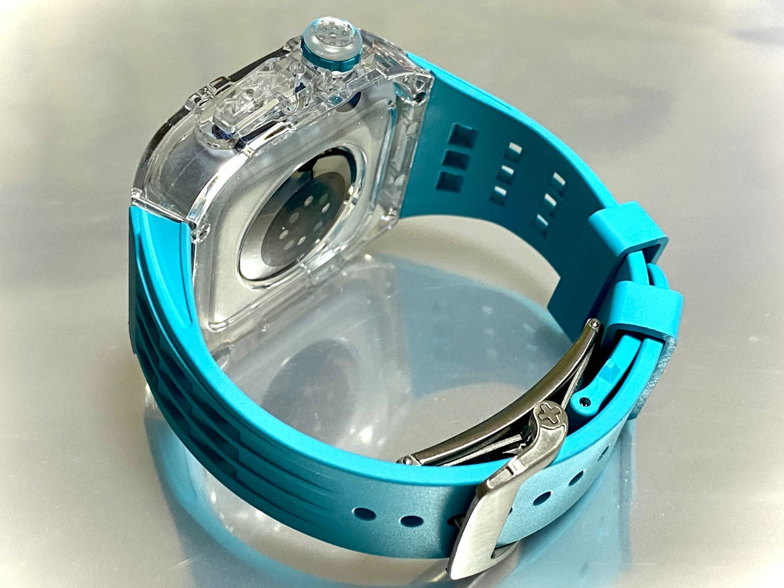 ターコイズブルー アップルウォッチバンド ラバーベルト カバー Apple Watch クリア ケース 44 mm 45 スポーツ メンズ レディース キラキラ