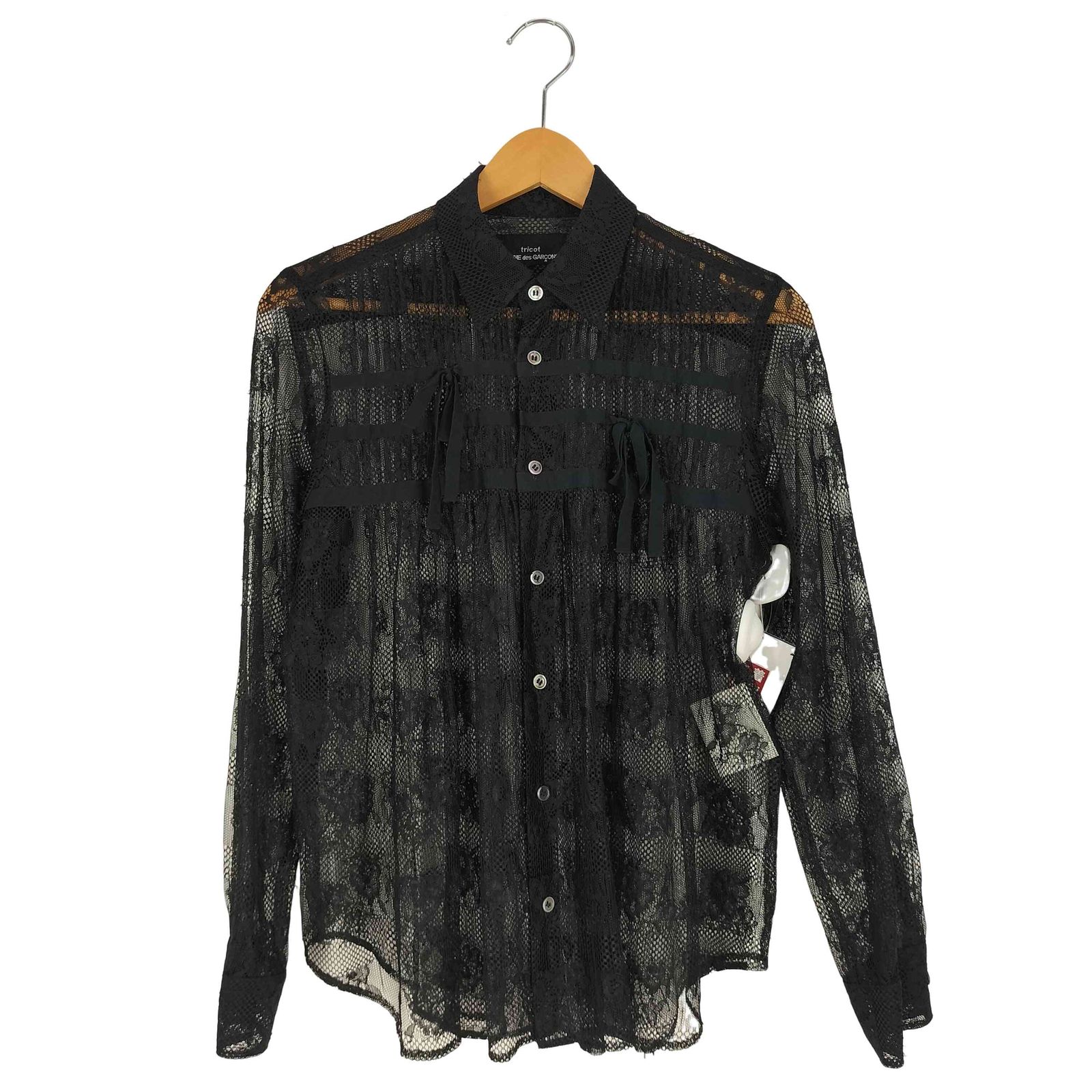 トリココムデギャルソン tricot COMME des GARCONS リボン ギャザー ピンタック デザイン レースシャツ レディース JPN M