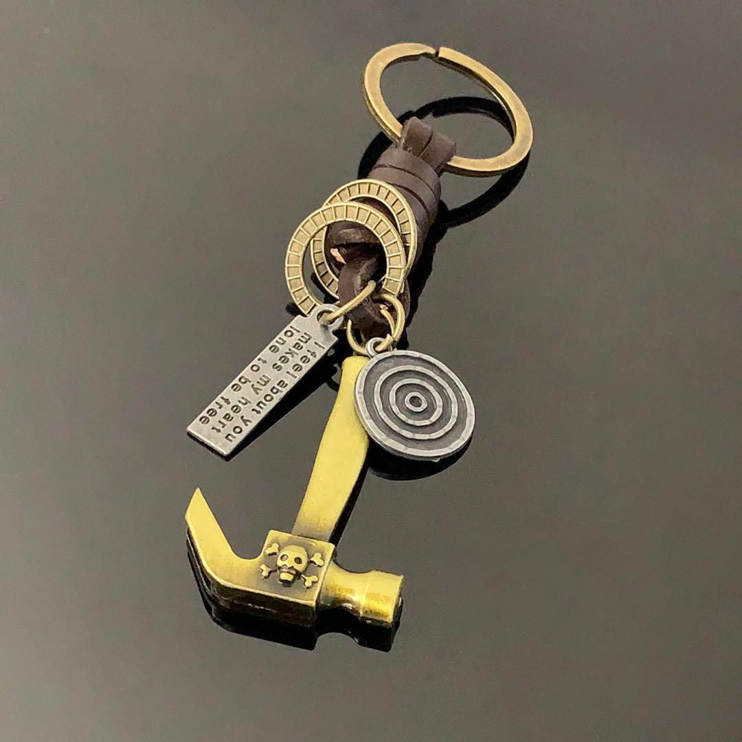 真鍮製 キーホルダー ハンマー 工具 金槌 レザー リング