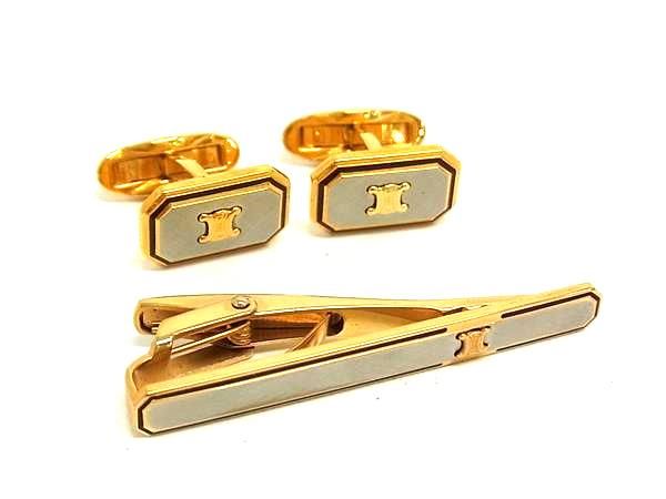 ✨️美品 CELINE カフス タイピンセット マカダム 箱付き ゴールド □美品□ CELINE セリーヌ マカダム ネクタイピン カフスボタン