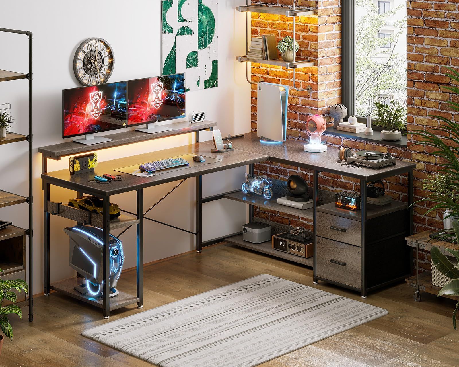 収納 pcデスク 棚付き オフィスデスク 幅135cm 机 仕事用 デスク l字デスク 在宅勤務 コンセント付き ゲーミングデスク 組立簡単 引き出し2杯付き パソコンデスク グレー ODK