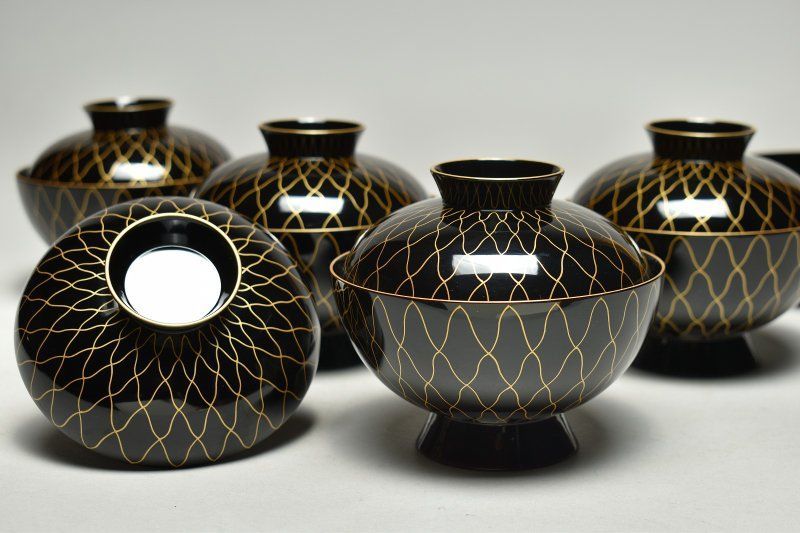 蔵A5572b 輪島塗 濱田屋謹製 網目 吸物椀 汁椀 五客 共箱