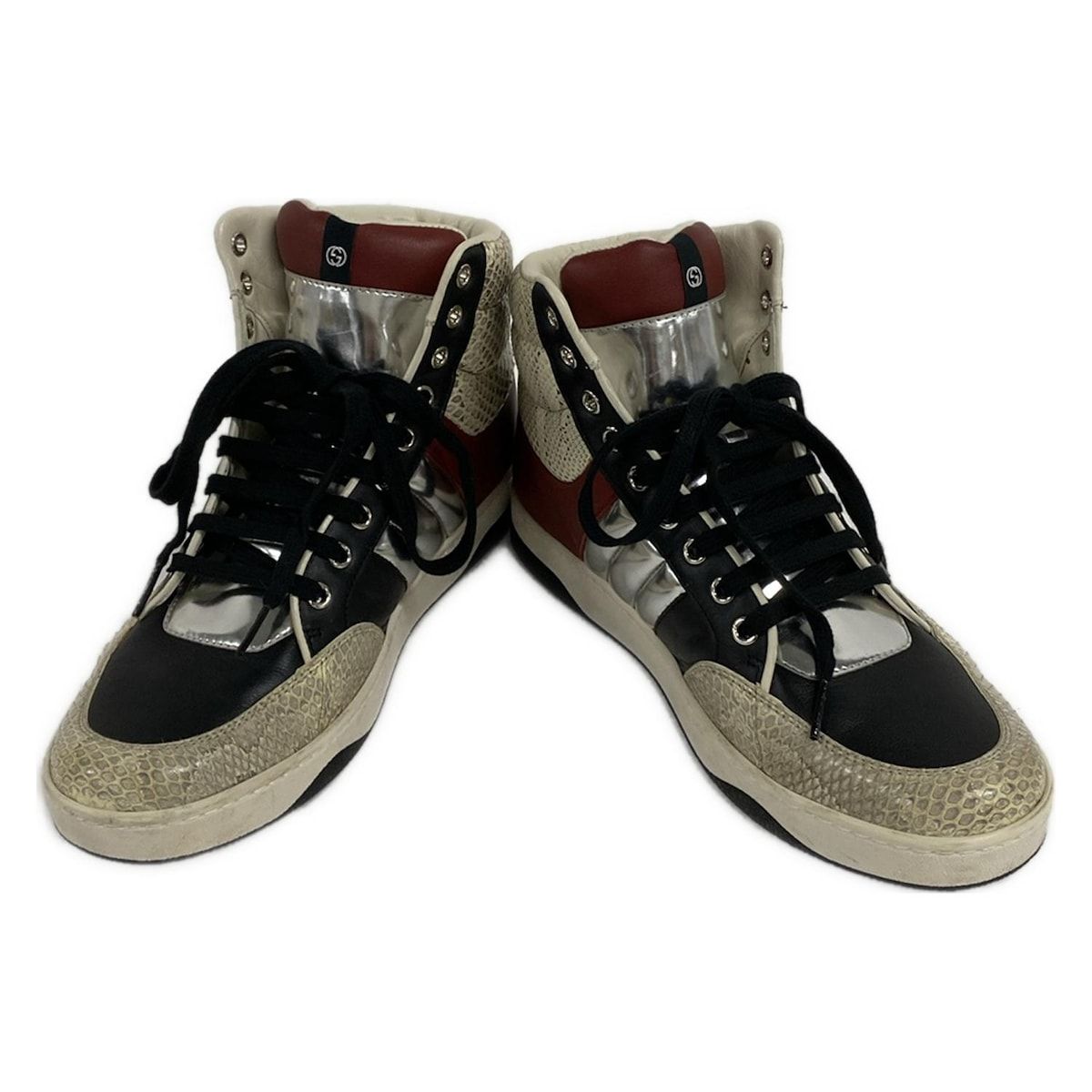 【極美品】グッチ　スニーカー　厚底　シェリーライン　ボーダー　レザー　ブラック クリスタルバックル レザースニーカー ビジュー スニーカー 厚底