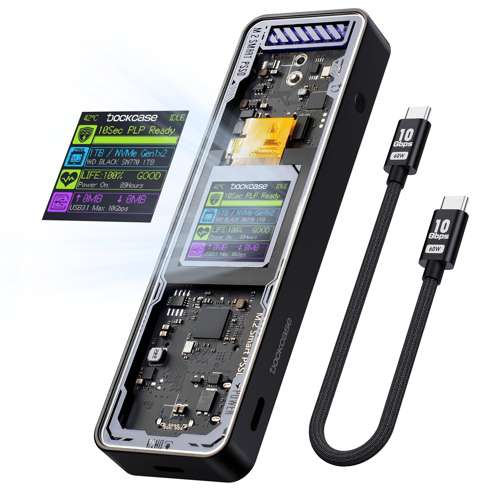 DOCKCASE M.2 NVMe SSDケース USB 3.2 Gen 2 Type-C 10 Gbps IPS液晶ディスプレイと10秒 電源保護 PLP 2230|2242|2260|2280サイズのNVMe PCIeに対応するハードディスクケ
