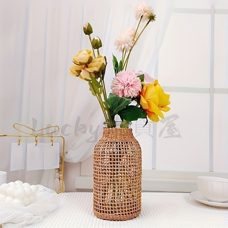 置物 花器 1pc ボヘミアンガラス花瓶 籐カバー付き 農家の花つぼみ花瓶 ラウンド装飾花瓶 花容器 フラワーボトル フラワーアレンジメント